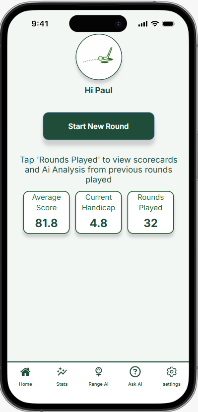 GolfTrackr app home screen